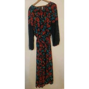 Torrid Floral Chiffon Maxi Dress Black Lace Long Sleeves Size 3 3X Flowers Vines